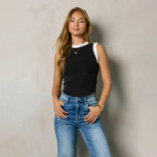 Damen Ripp-Top mit Kontrastdetails und figurbetontem Schnitt R&B