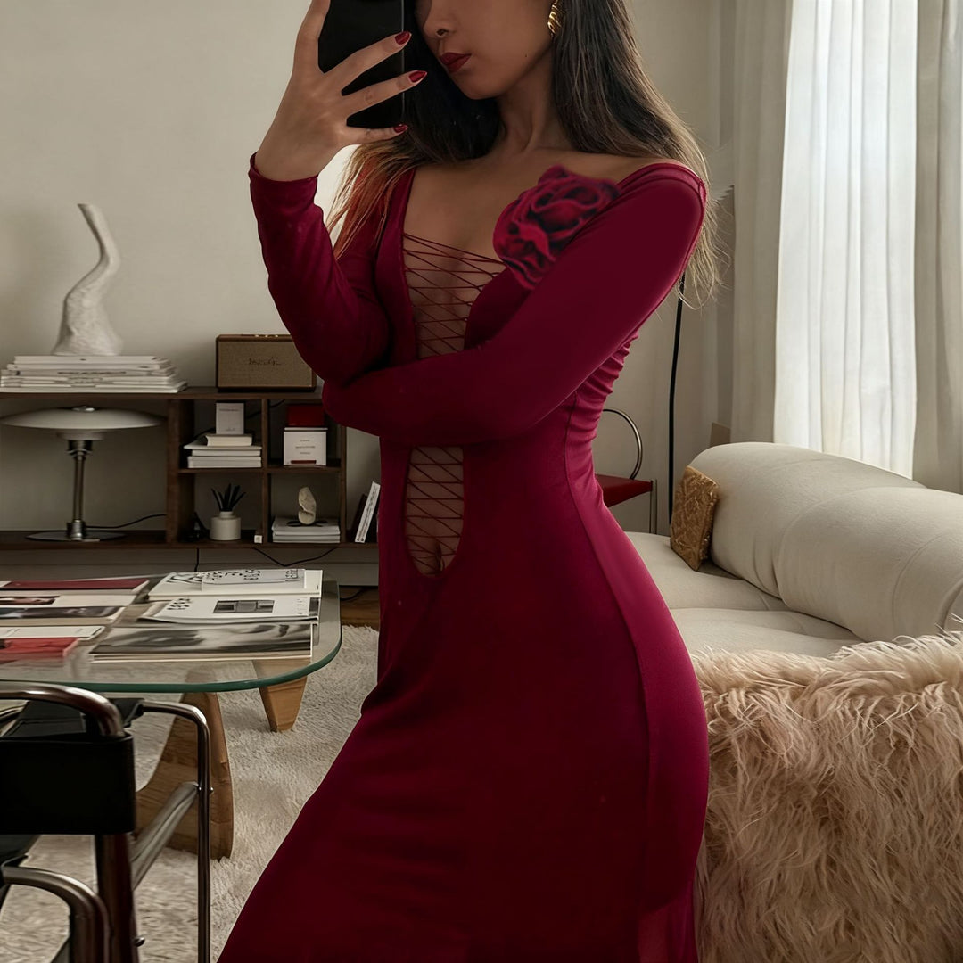 Damen figurbetontes Maxikleid mit Schnürung und floralem Detail R&B
