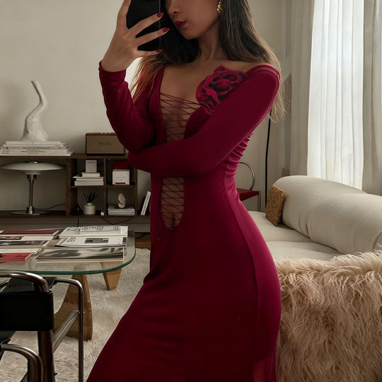 Damen figurbetontes Maxikleid mit Schnürung und floralem Detail R&B