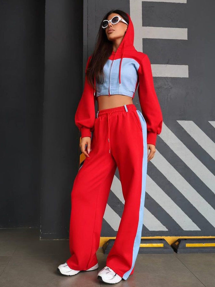 Damen sportliches Set mit cropped Kapuzenjacke und weitem Hosen R&B