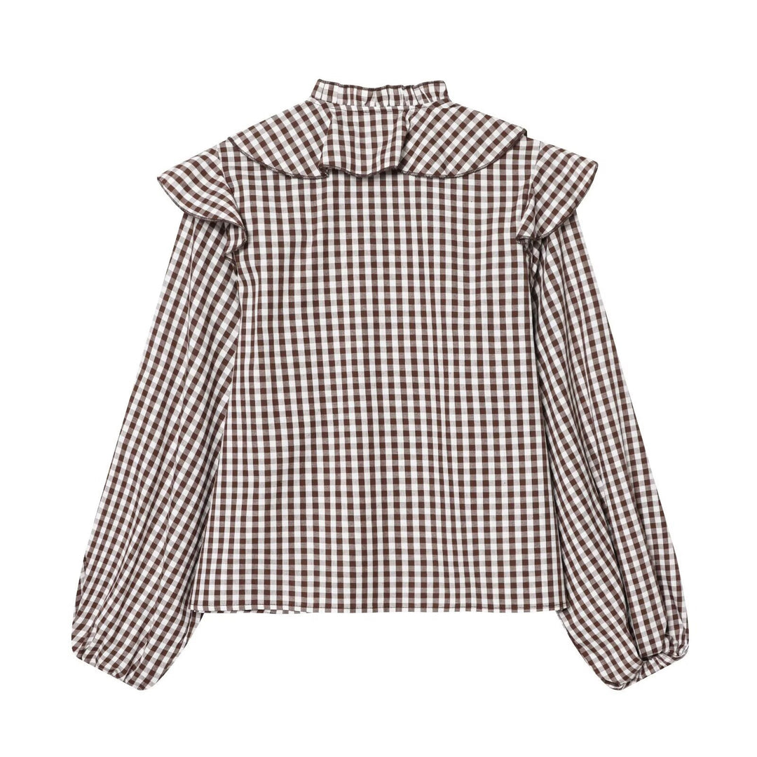 Damen Rüschenshirt mit klassischen Karomuster und eleganten Bindebändern R&B