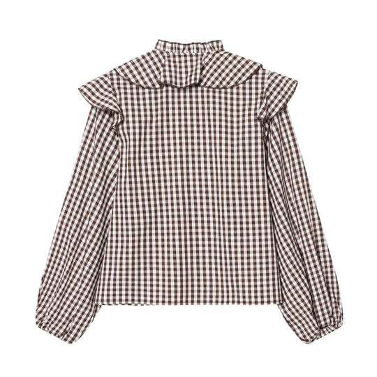 Damen Rüschenshirt mit klassischen Karomuster und eleganten Bindebändern R&B