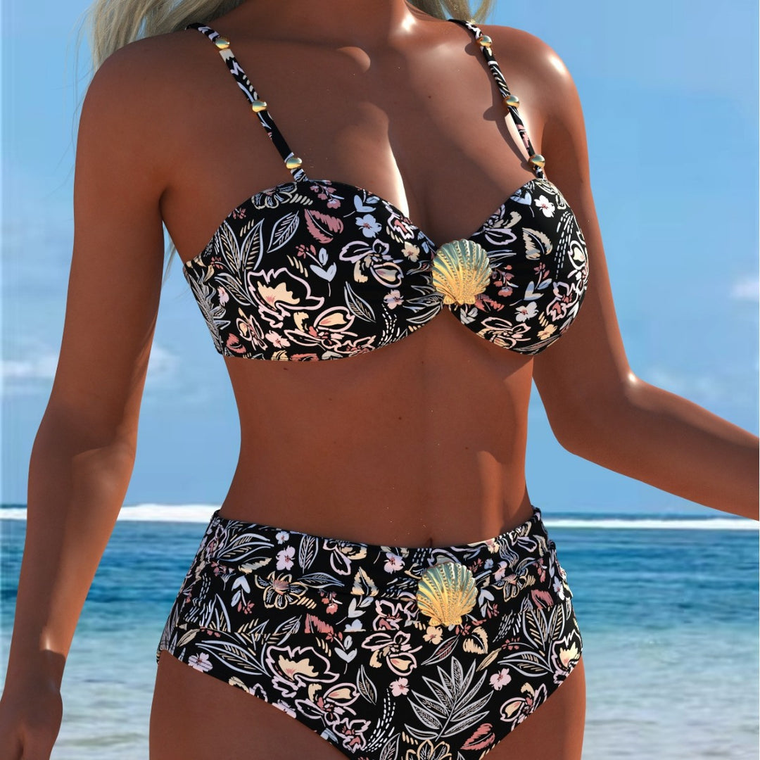 Damen Balconette-Bikini mit hohem Taillen-Schnitt und dekorativem Muschel-Detail R&B