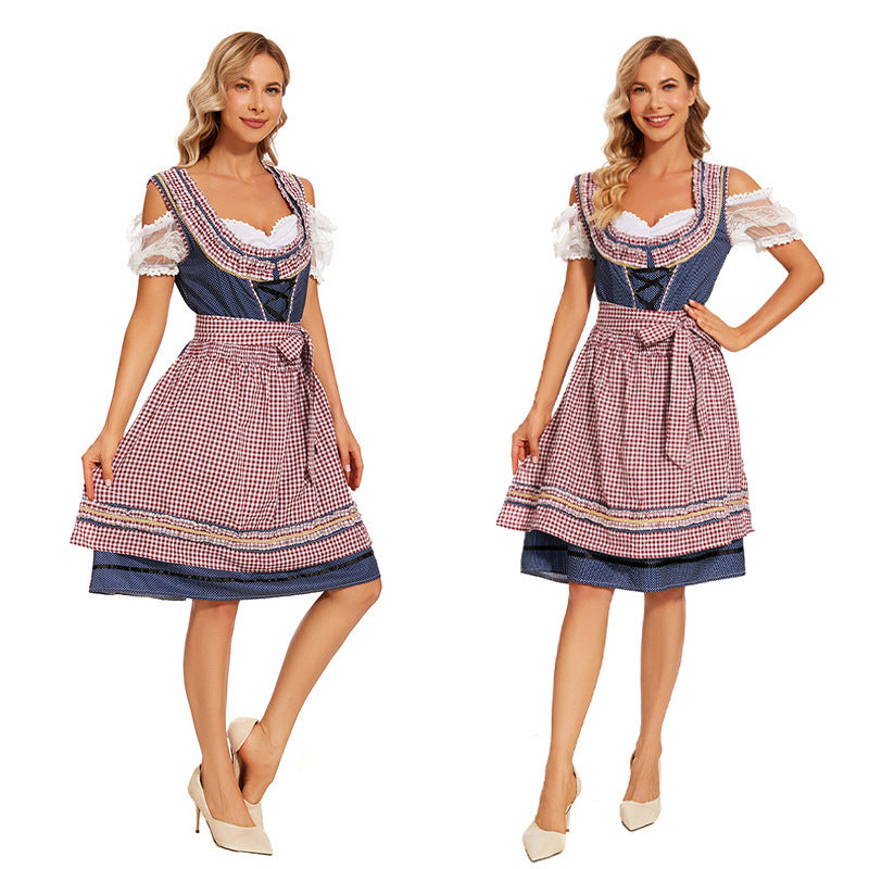 Damen nan traditionelles Trachtenkleid mit Schnürmieder, Spitzenärmeln und karierter Schürze R&B