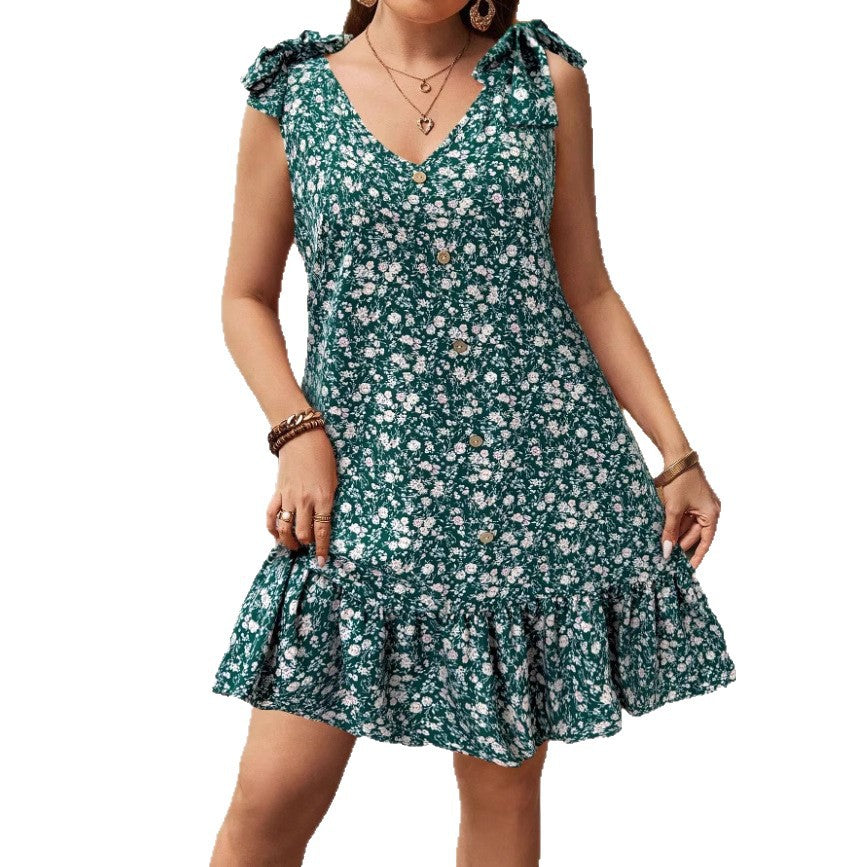 Damen kurzes Sommerkleid mit Rüschendetails und Knopfleiste R&B