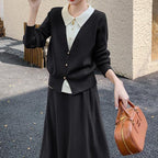 Damen Strickensemble mit eleganter Blusenoptik und weitem Rock R&B