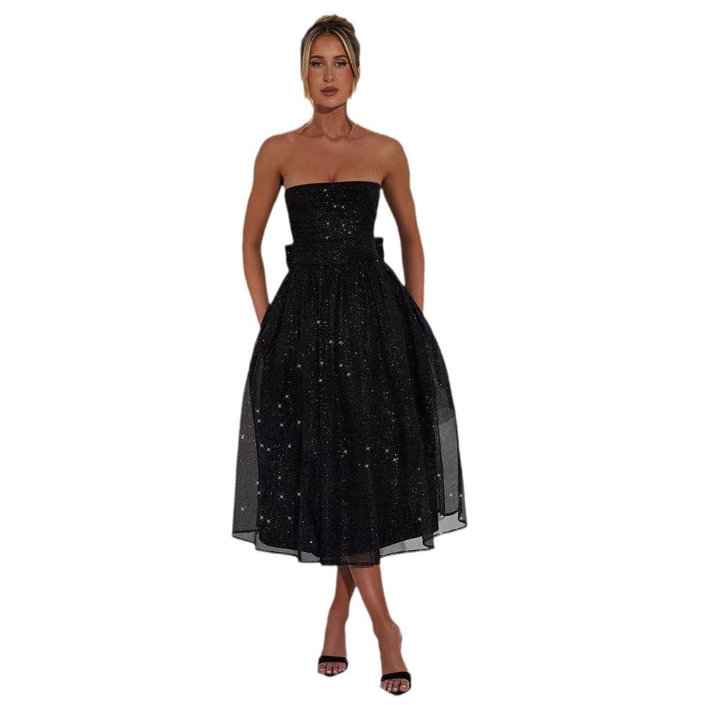 Damen Hochzeitskleid mit schimmerndem Taillenband und plissiertem Rock R&B