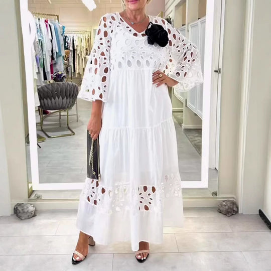 Damen nan Maxikleid mit Ajour-Lochstickerei, V-Ausschnitt, weiten Glockenärmeln und Stufensaum R&B