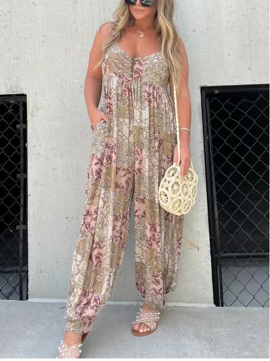 Damen Verspielter Maxijumpsuit mit floralem Muster und praktischen Taschen R&B