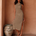 Damen elegantes gestricktes Maxikleid mit Strickmuster und seitlichem Schlitz R&B