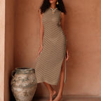 Damen elegantes gestricktes Maxikleid mit Strickmuster und seitlichem Schlitz R&B
