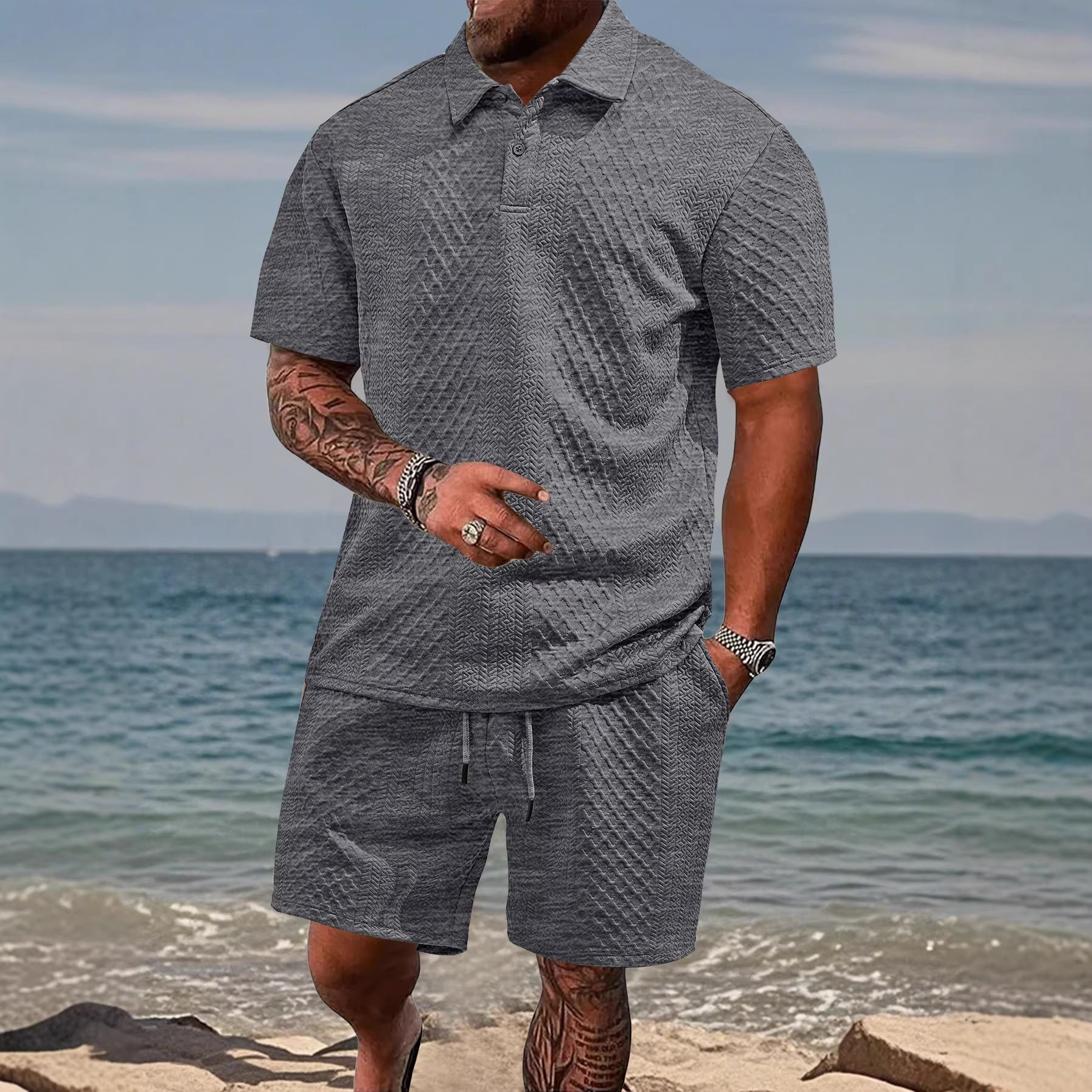 Herren nan geprägtes Strand-Ensemble mit offenem Kurzarm-Hemd und Kordel-Bermuda R&B