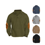 Herren nan legeres Langarm-Poloshirt mit Hemdkragen, kurzer Knopfleiste, feiner Struktur und Velours-Ellenbogenbesatz R&B