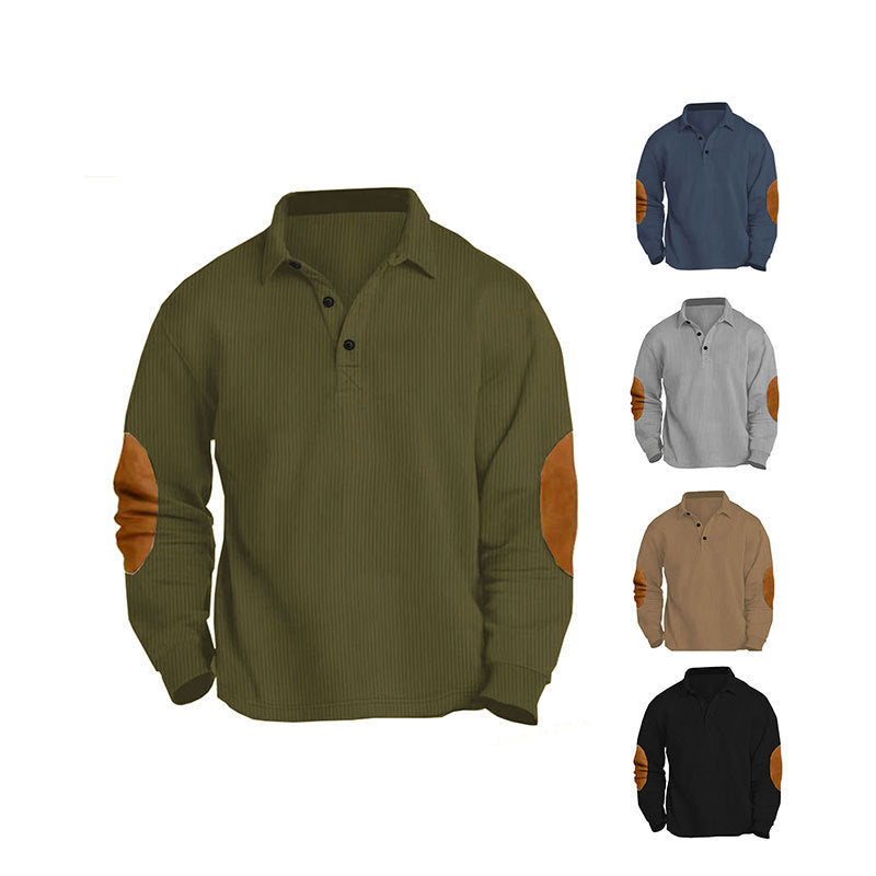Herren nan legeres Langarm-Poloshirt mit Hemdkragen, kurzer Knopfleiste, feiner Struktur und Velours-Ellenbogenbesatz R&B