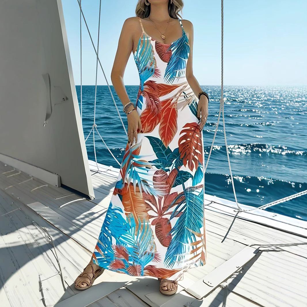 Damen Maxikleid mit Spaghettiträgern und tropischem Blattdruck R&B