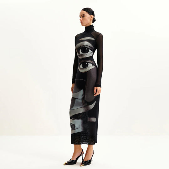 Damen Langarm Maxikleid mit grafischem Muster und hochgeschlossenem Kragen R&B