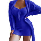 Damen nan luxuriöses Teddy-Fleece Lounge-Set mit Longcardigan, gerafftem Cropped-Bustier und Highwaist-Hose R&B