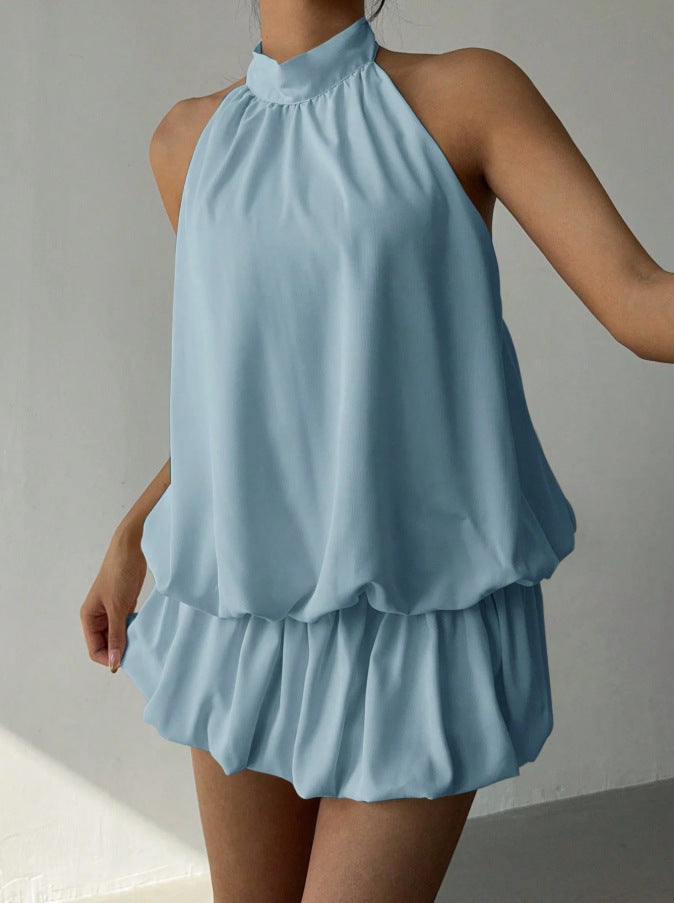 Damen sommerliches Minikleid mit haltem Kragen und asymmetrischem Design R&B