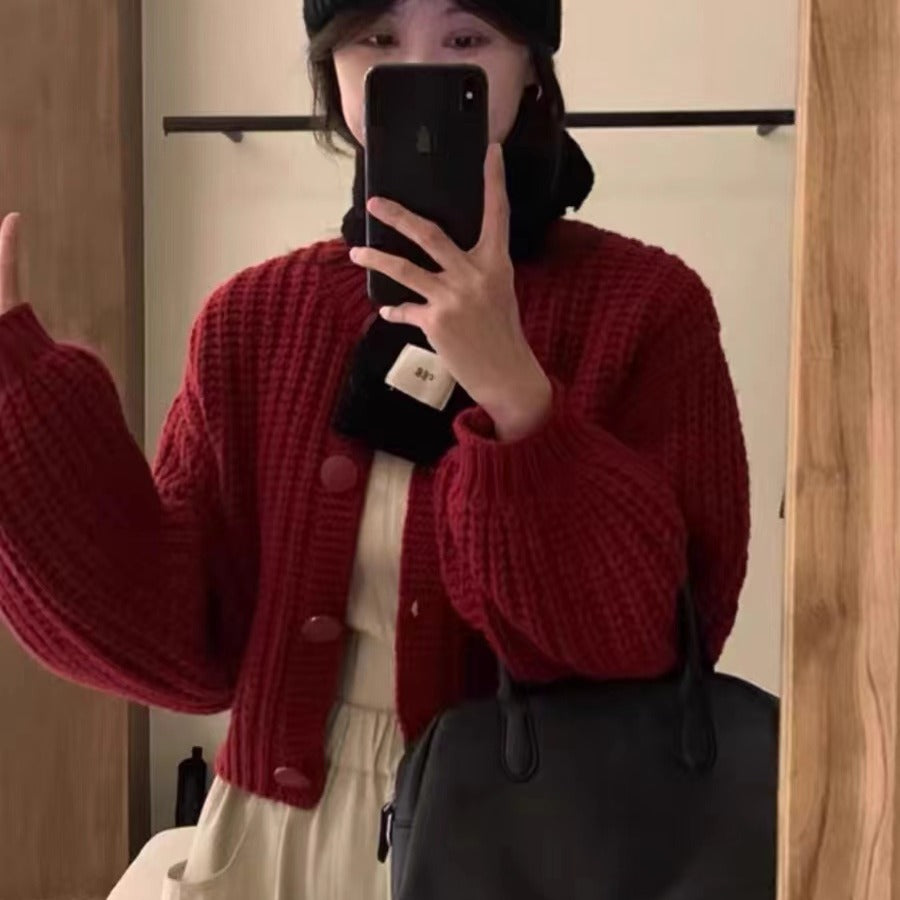 Damen Grobstrickcardigan mit voluminösen Ärmeln und großen Knöpfen R&B