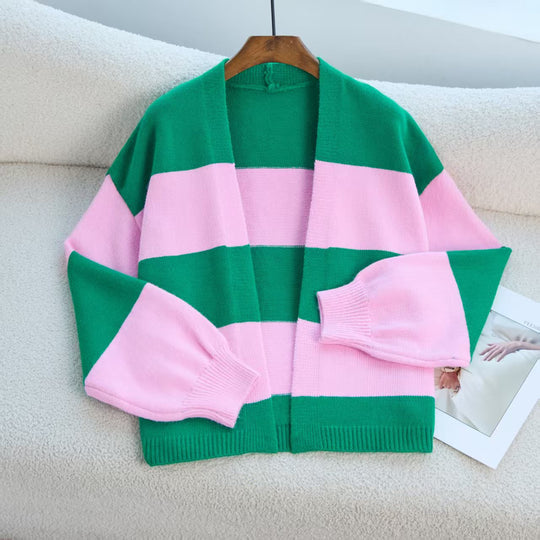 Damen Modischer Strickcardigan mit breiten Streifen und lässigem Schnitt R&B
