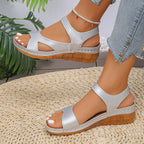 Damen elegante Wedge-Sandalen mit komfortablem Riemendesign und natürlicher Holzsohle R&B