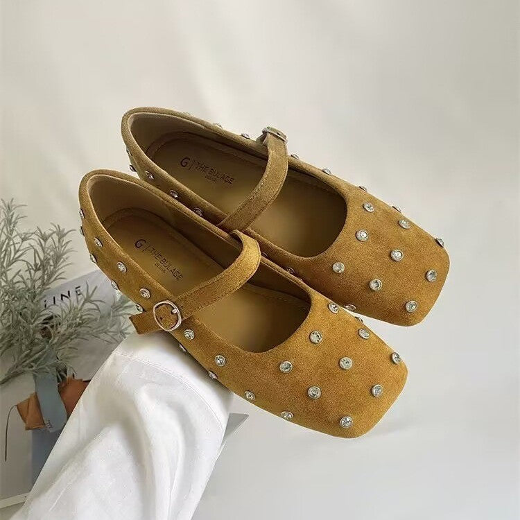 Damen elegante Ballerinas mit modischem Riemchen und glänzenden Strass-Applikationen R&B