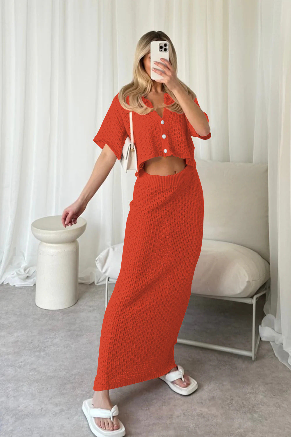 Damen Strick-Set mit offenem Cardigan und maxi Rock R&B