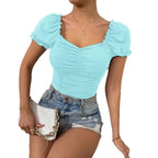 Damen figurbetontes Crop-Top mit Puffärmeln und Raffung R&B