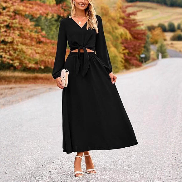 Damen Binde-Kleid mit langen Ärmeln und Rundhalsausschnitt R&B