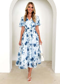 Damen Maxi-Kleid im lässigen Wickelstil mit voluminösen Ärmeln und Taillengürtel R&B