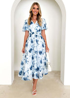 Damen Maxi-Kleid im lässigen Wickelstil mit voluminösen Ärmeln und Taillengürtel R&B