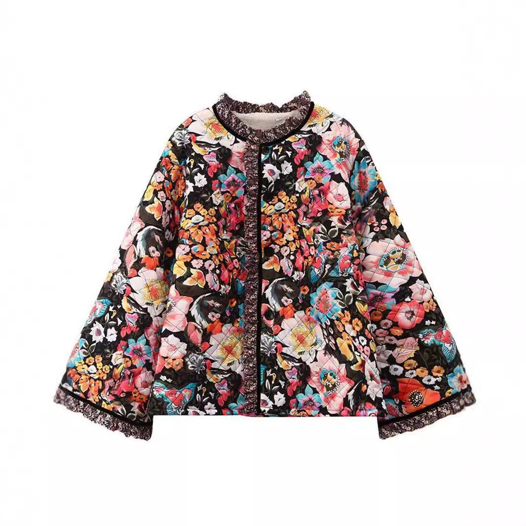 Damen gestepptes Blütenmuster Jacke R&B