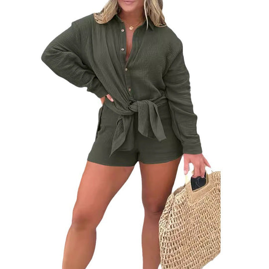 Damen lässiges Krepp-Blusenshirt und Shorts-Set mit taillierbarem Gürtel R&B