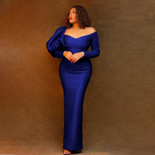 Damen Elegantes Maxikleid mit asymmetrischem Puffärmel und figurbetontem Schnitt R&B