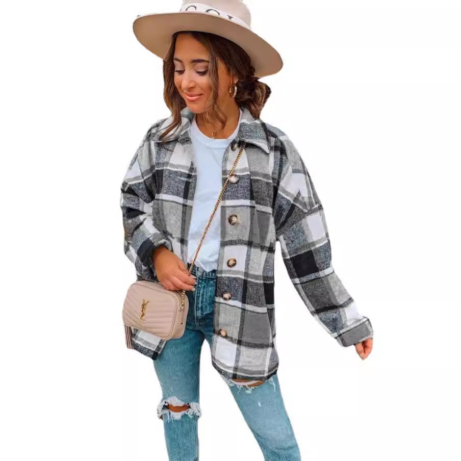 Damen lässige karierte Flanelljacke mit Knopfdetails R&B