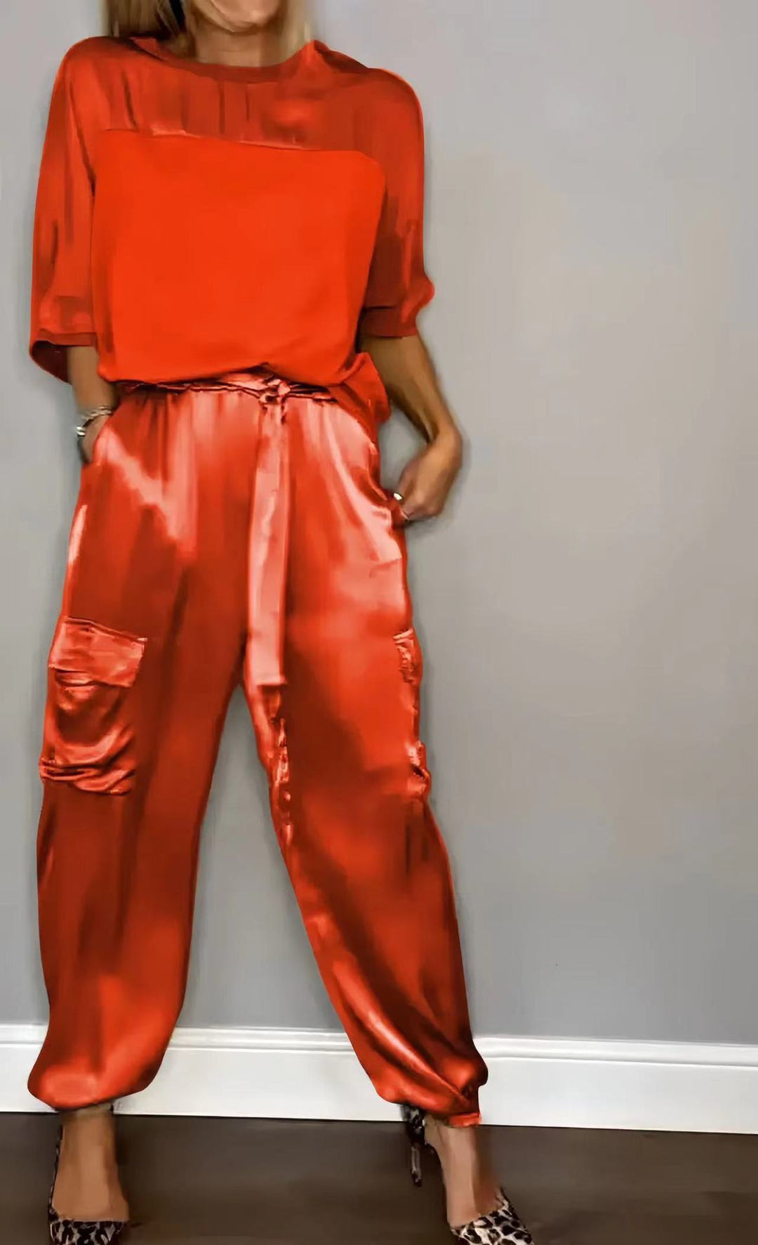 R&B | Solide Farbe glatt Satin Top zweiteilige Set für Frauen