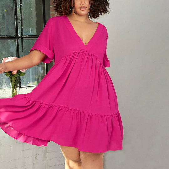 Damen lässiges Sommerkleid mit V-Ausschnitt und schwingendem Saum R&B
