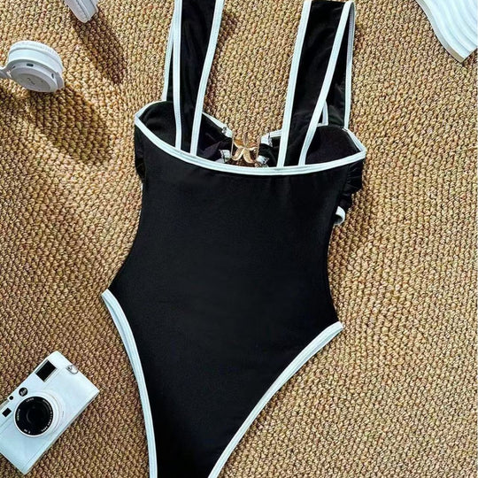 Damen Einteiler Badeanzug mit modischem Bustier und verstellbaren Trägern R&B