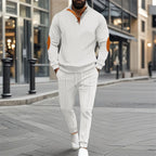 Herren nan feinstrukturiertes Halbkragen-Sweatshirt mit Knopfleiste, dekorativen Ellbogenpatches und legerem Saumabschluss R&B