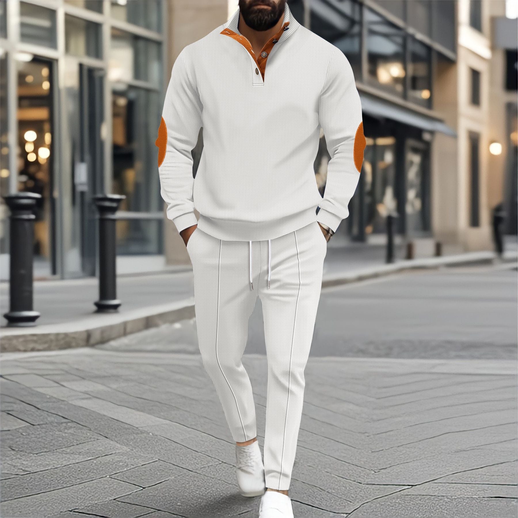 Herren nan feinstrukturiertes Halbkragen-Sweatshirt mit Knopfleiste, dekorativen Ellbogenpatches und legerem Saumabschluss R&B