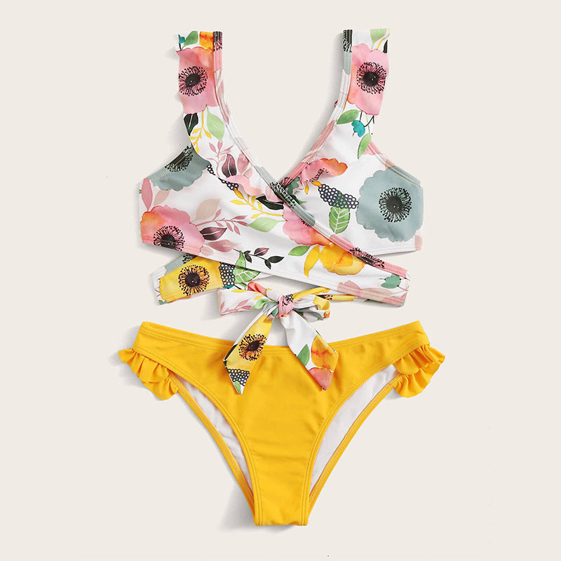 Damen Zweiteiliges Blumen-Bikini-Set mit tailliertem Oberteil und Rüschenslip