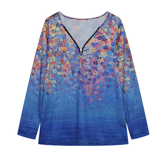 Damen Langarmshirt mit farbenfrohem Blütenmuster und modernem Zipper R&B