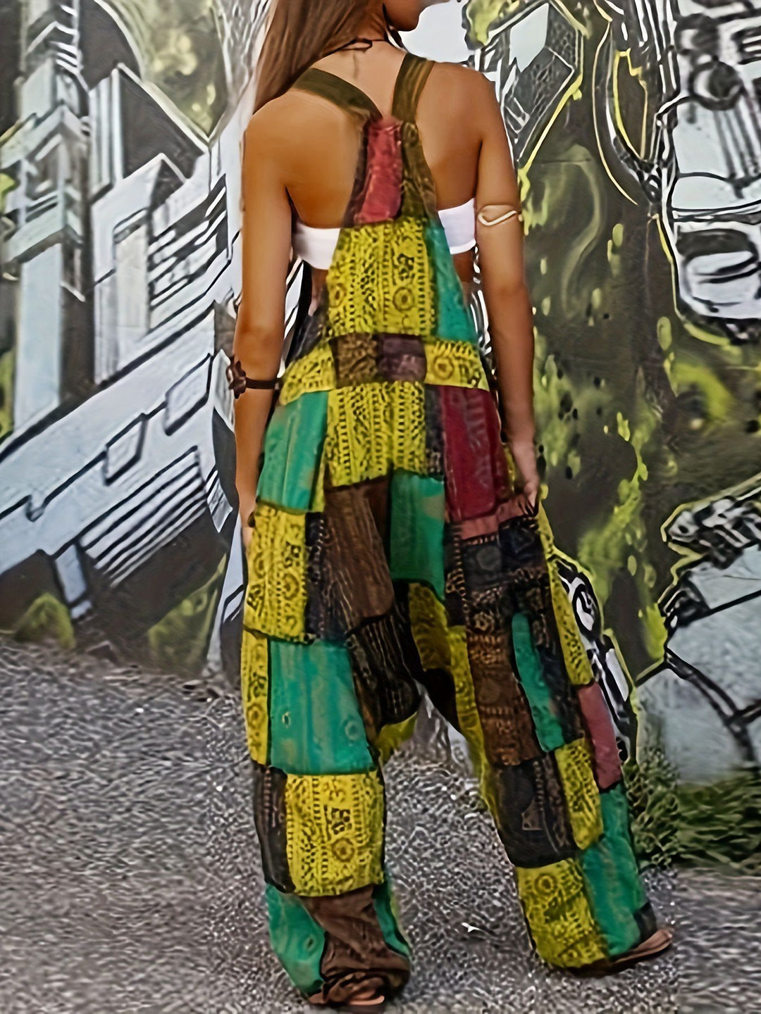 Damen Lässiger Jumpsuit mit buntem Patchwork-Muster R&B