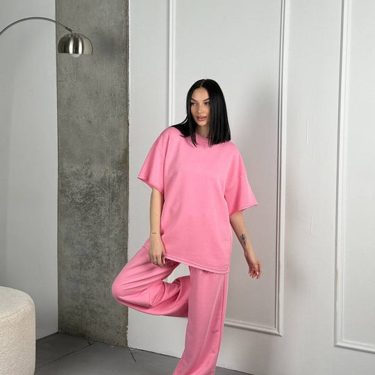 Damen lässiges Baumwoll-Set mit weit geschnittenem Oberteil und bequemen Hosen R&B