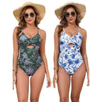 Damen Einteiler Badeanzug mit modischem floralen Design und hoch geschnittenem Ausschnitt R&B