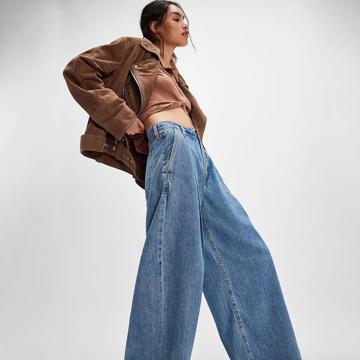 Damen Weite Denim-Hose mit hohem Bund und lässiger Silhouette