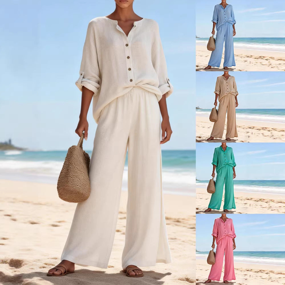 Damen Luftige Leinenbluse und weite Hose R&B