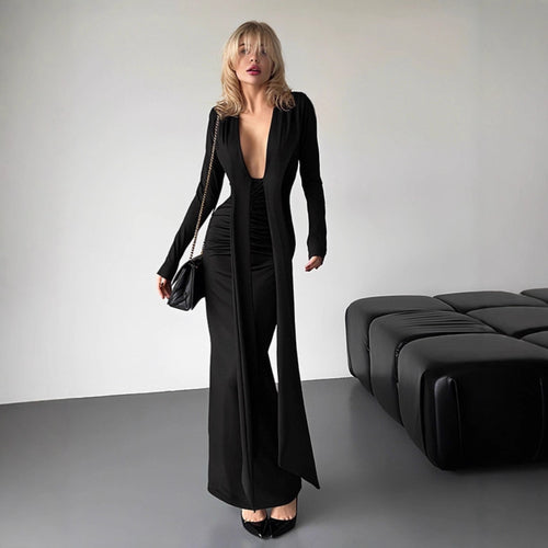 Damen Elegantes Maxikleid mit tiefem V-Ausschnitt und seitlichem Schlitz R&B