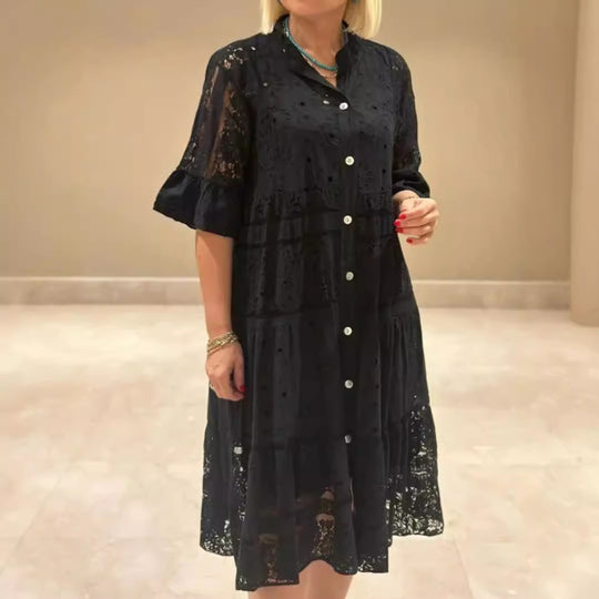 Damen nan Hemdblusen-Midikleid mit Spitzen-Einsätzen, Stufenrock und durchgehender Knopfleiste R&B