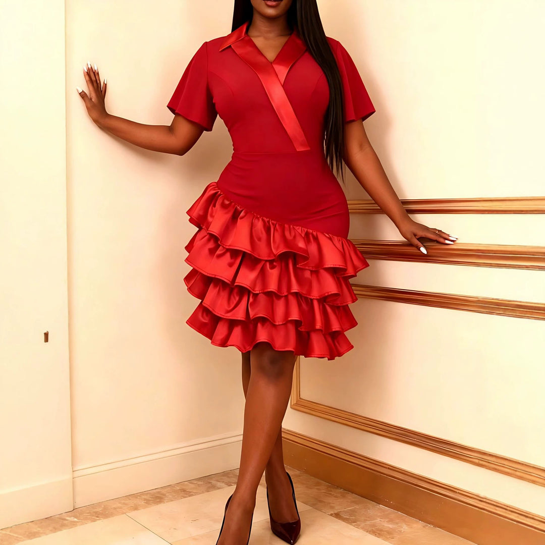 Damen figurbetontes Kleid mit asymmetrischem Rüschenrock R&B